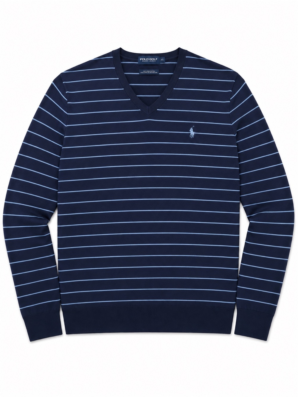 Ralph Lauren Navy V-Neck Sweater with Light Blue Stripes